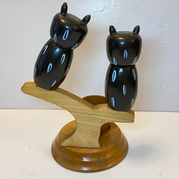 Rare Vintage Wooden Owls on Tree Branch Salt & Pepper Shakers & Toothpick Holder - Picture 2 of 6